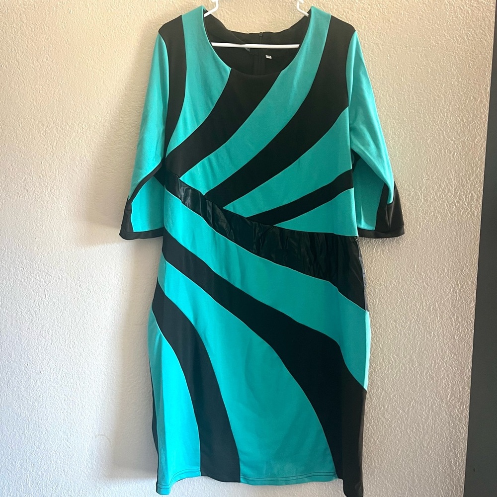 Black and teal retro panel dress, plus size 3X